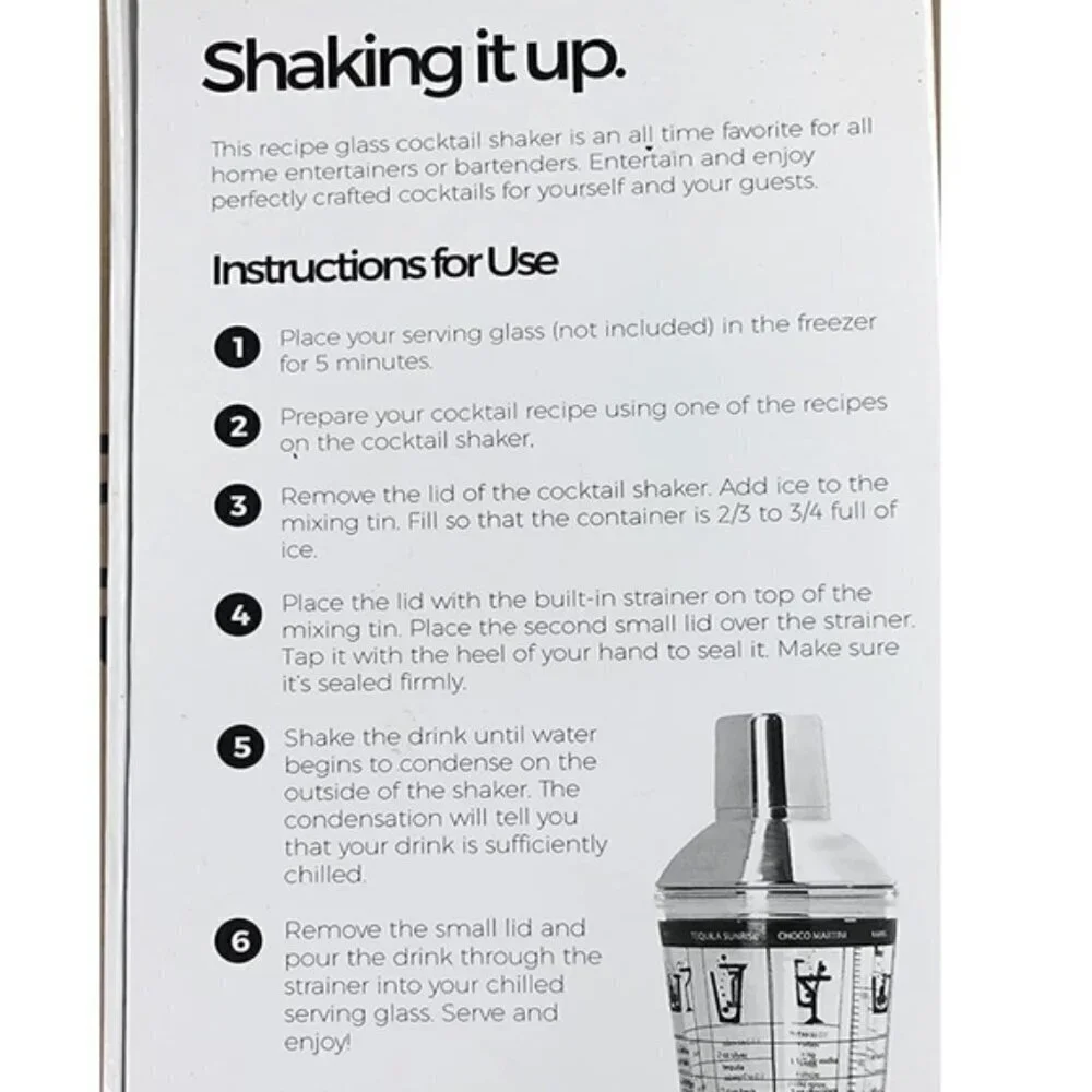 Recipe Cocktail Shaker Stainless Steel Glass Recipes on Shaker 16 OZ New NWT NIB